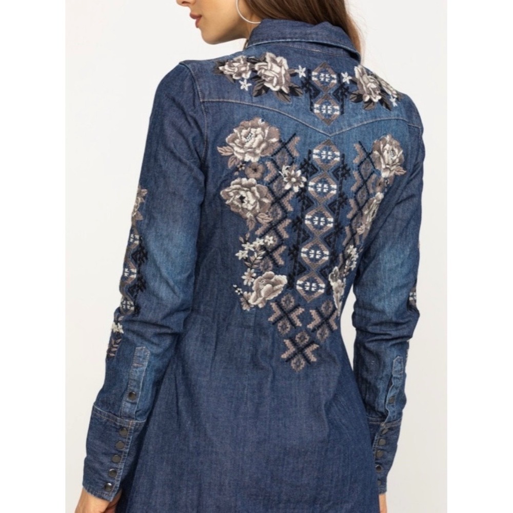 Stetson Denim Embroidered Mini Dress Long Sleeve Snap Up Western Yoke Women's M - Picture 2 of 7